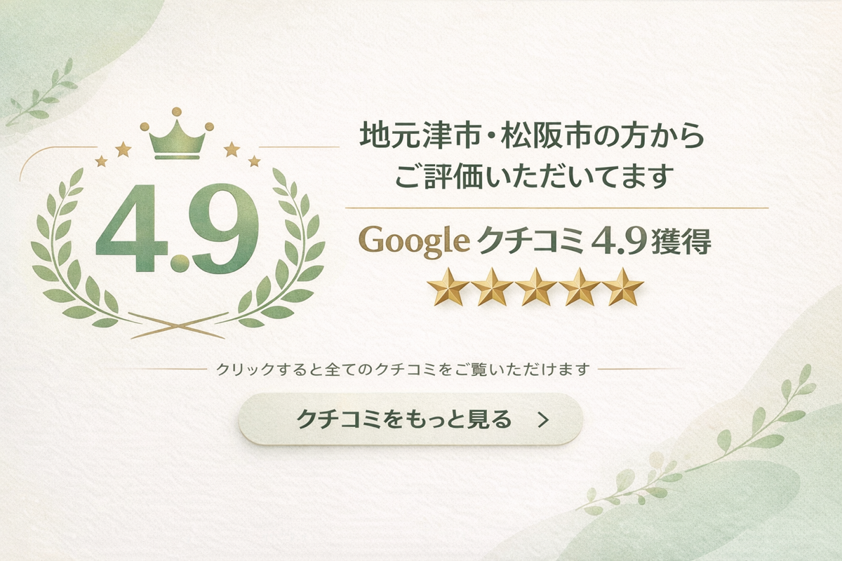 Googleクチコミ4.9獲得 地元津市・松阪市の方からご評価いただいてます